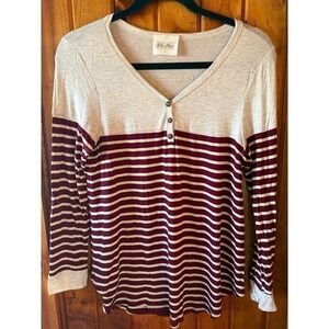 Ella Mara  Henley Long Sleeve Striped Colorblock Top Burgundy Oatmeal  Large